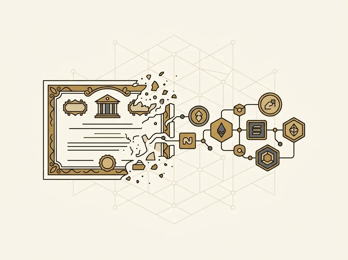 Stock certificate transforming into digital tokens on a blockchain, representing tokenized stocks.