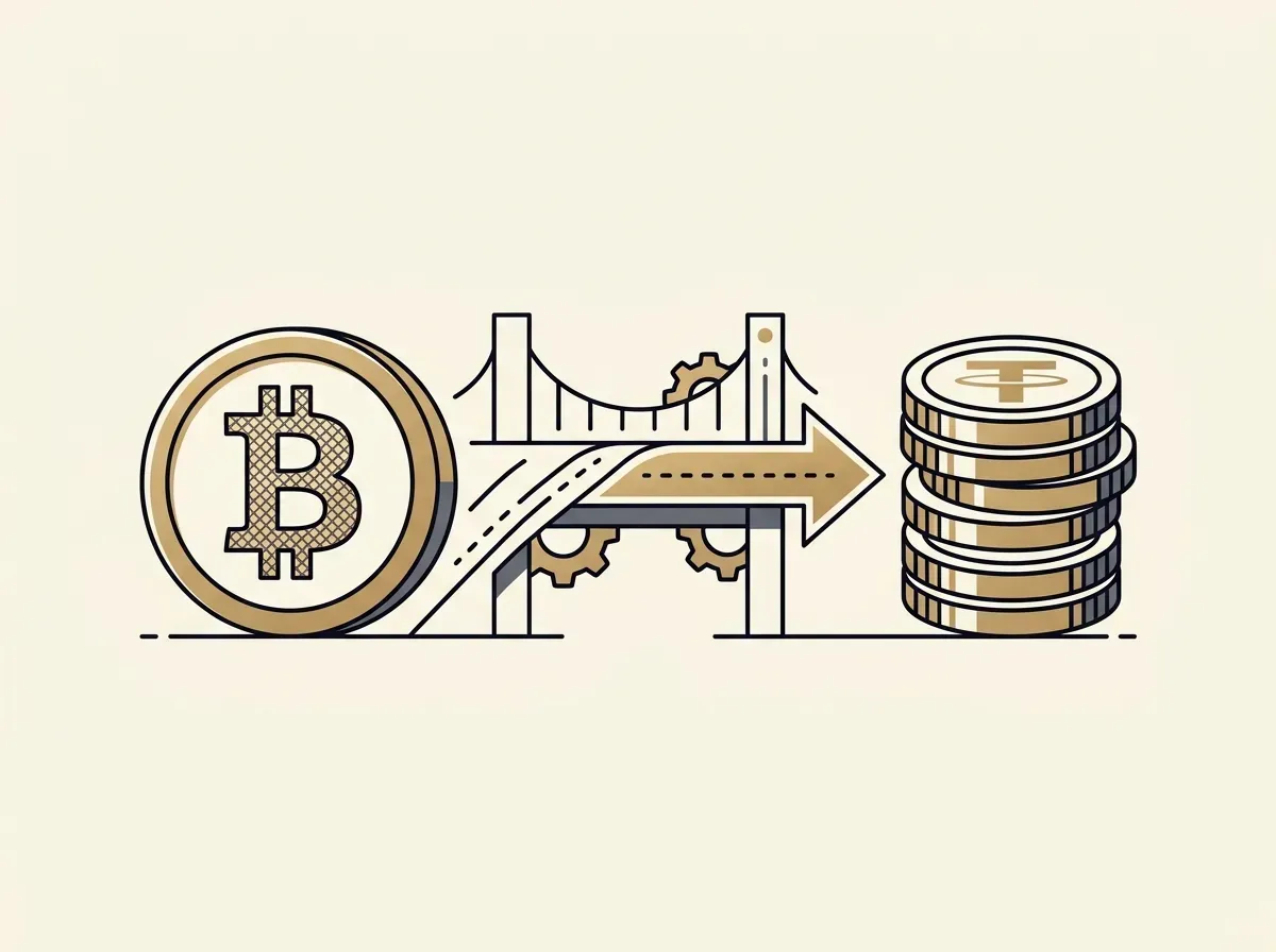 Bitcoin coin converting into a stack of stablecoin coins via a digital exchange.