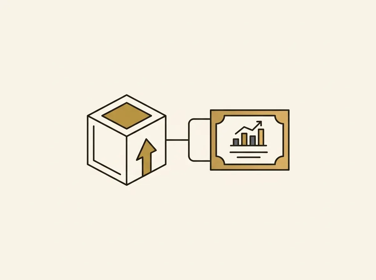 A blockchain block connected to a stock certificate, representing tokenized stocks.