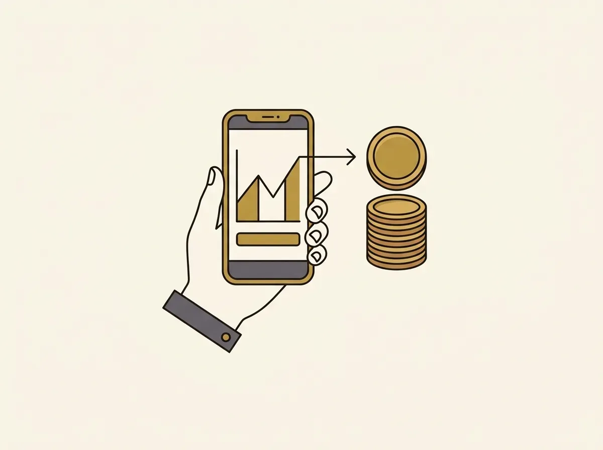 A hand holding a smartphone displaying a stock chart, with an arrow pointing to digital tokens, illustrating the buying process.