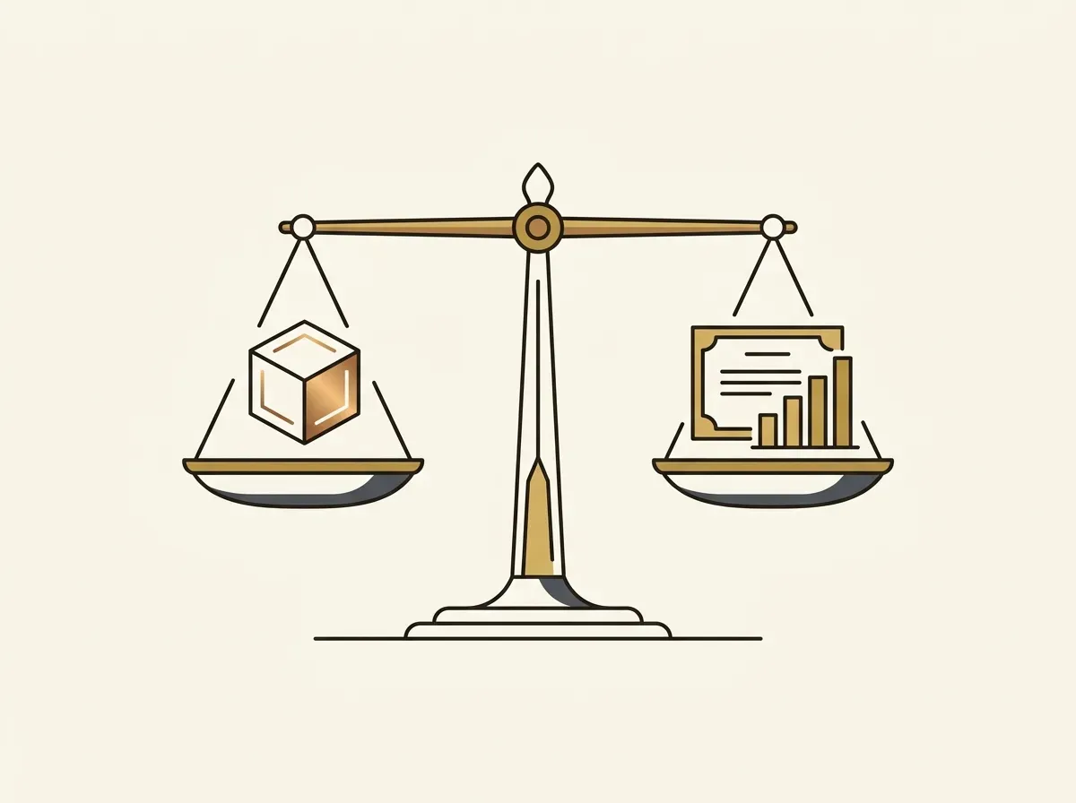 A balance scale with a blockchain block on one side and a stock certificate on the other, symbolizing 1:1 backing.