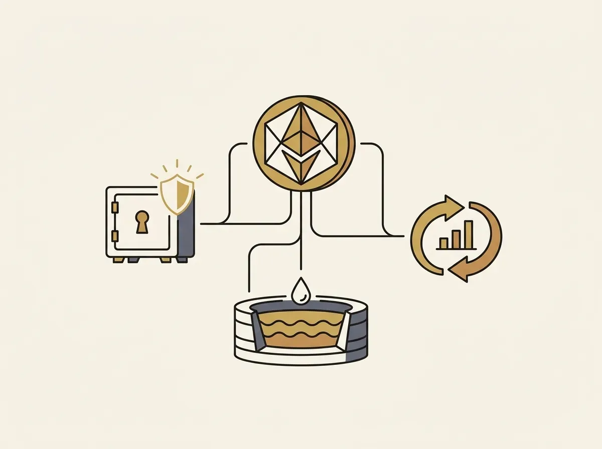 A central token connected to multiple DeFi elements like a vault and a pool, representing composability.