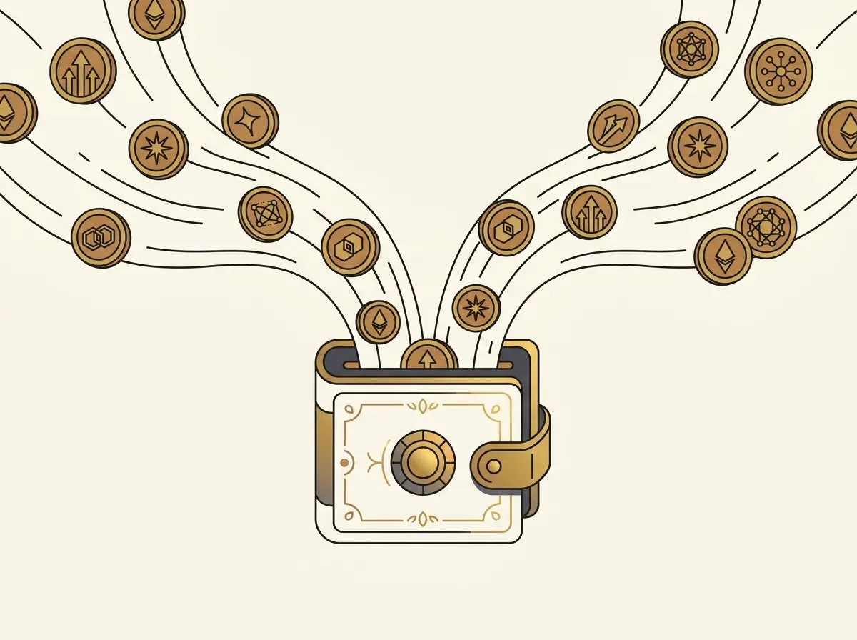Icons of different cryptocurrencies flowing into a single digital wallet, symbolizing a unified crypto deposit process.