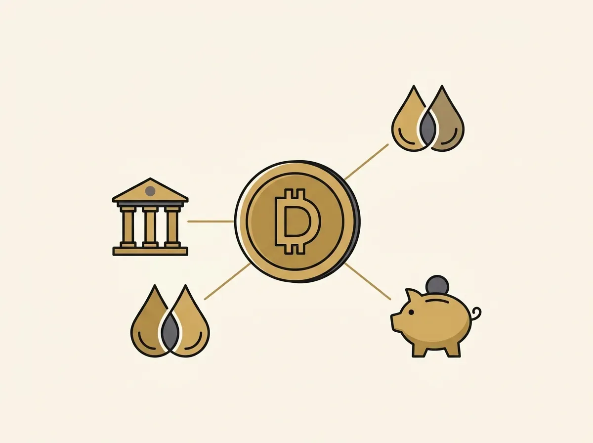 A central token connected to icons for lending and liquidity, showing its use in decentralized finance (DeFi).