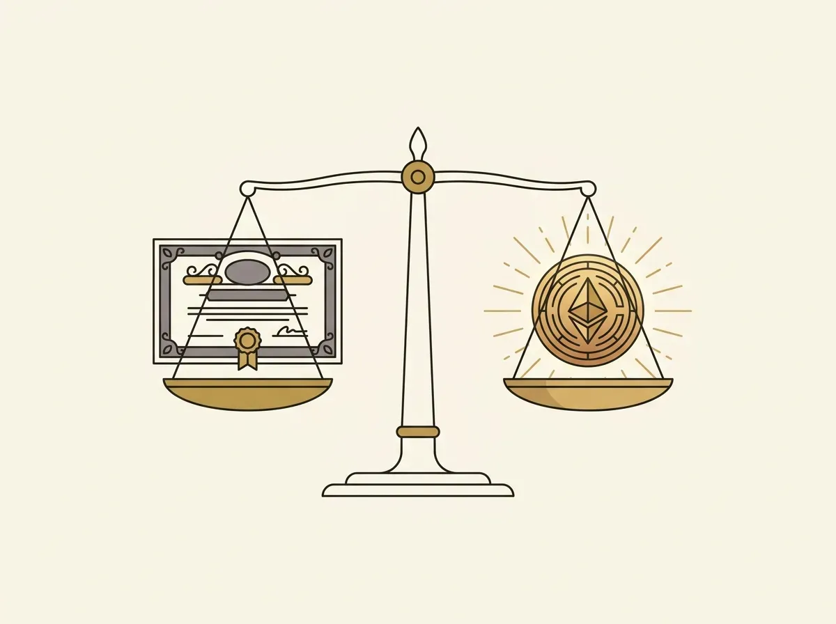 An illustration of a scale balancing a physical stock certificate with a digital token, representing 1-to-1 backing.
