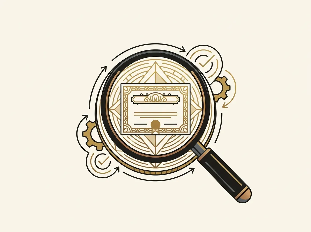 A magnifying glass showing a physical stock certificate inside a digital token, representing security and proof of reserves.