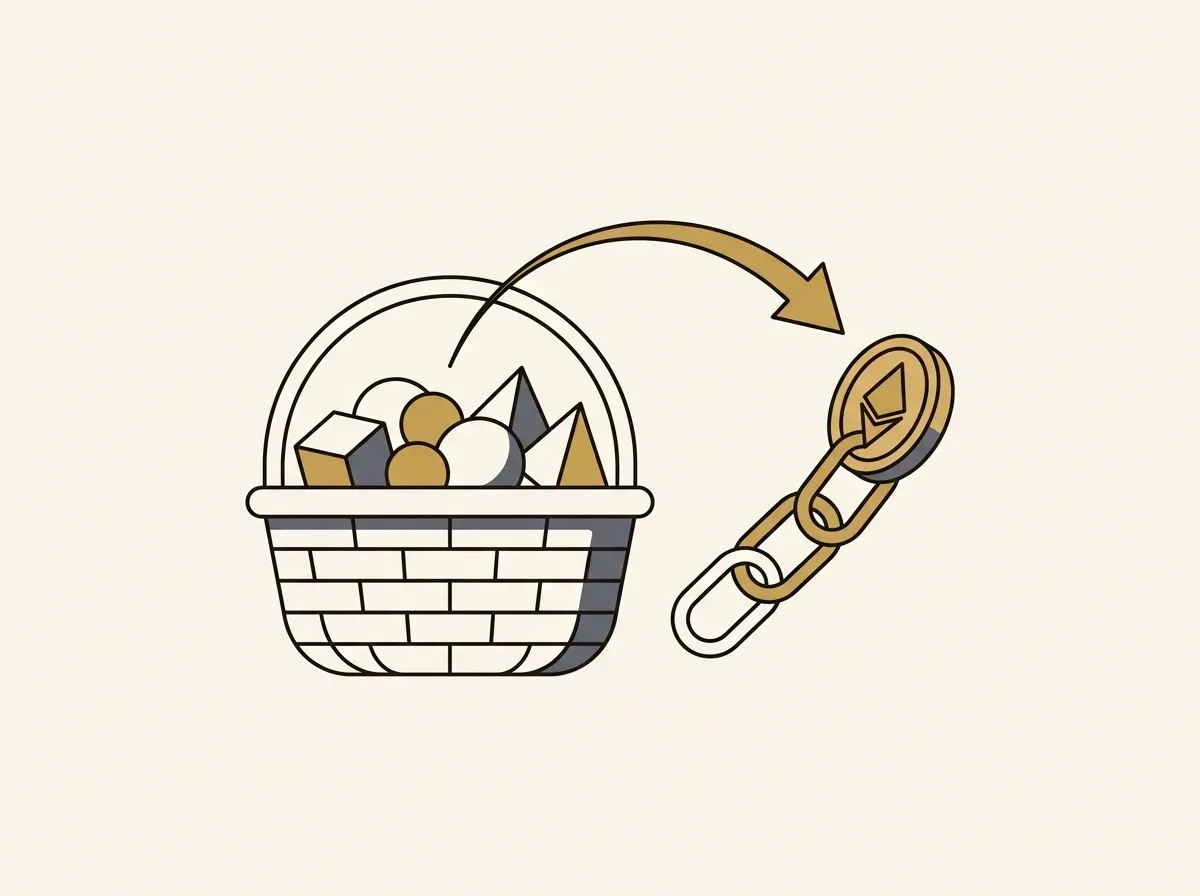 An illustration showing a basket of assets being converted into a single digital token on a blockchain.