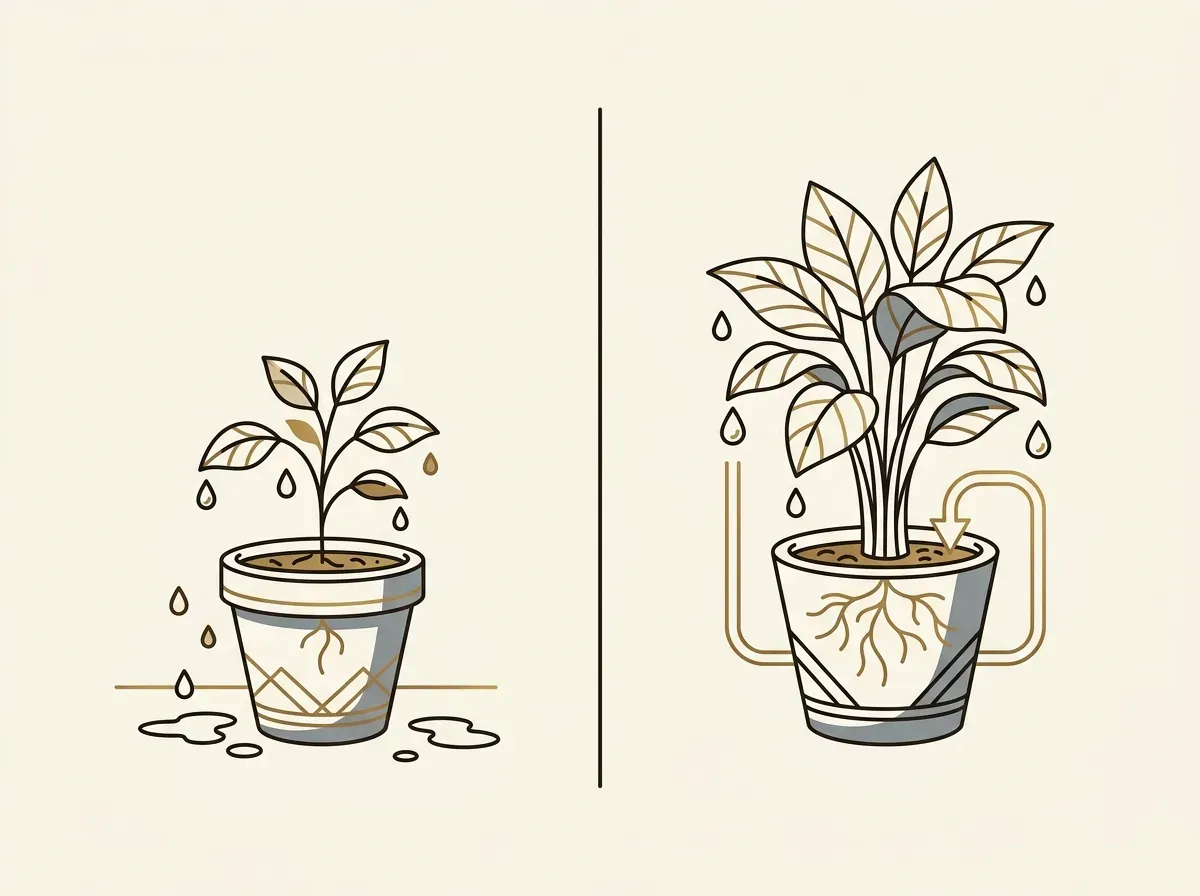 A split illustration comparing a plant losing water to one that recycles its water to grow larger, representing dividend models.