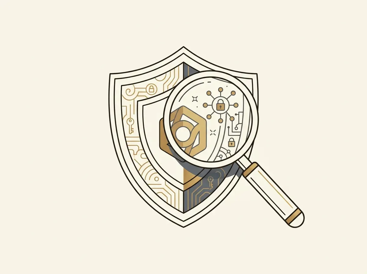 An illustration of a magnifying glass closely examining a shield, symbolizing a security audit.