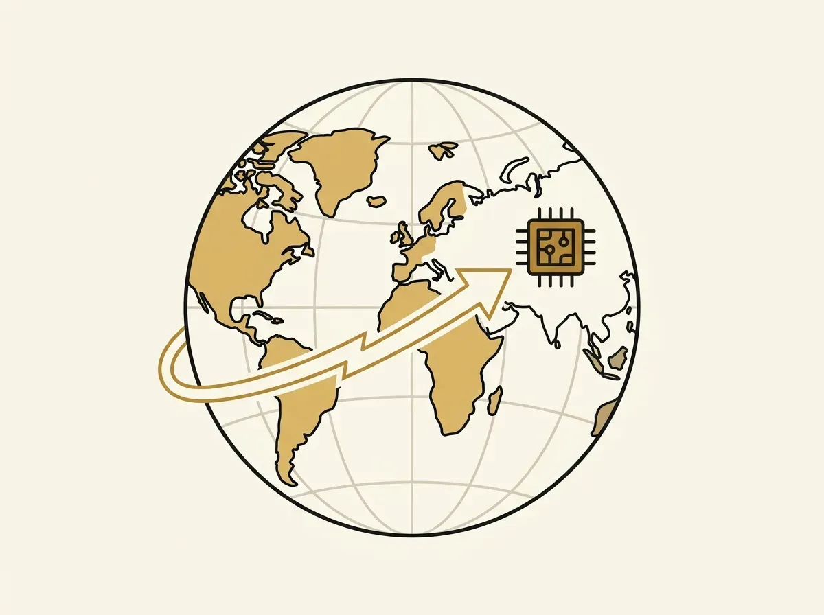 A globe with an arrow pointing to a microchip, symbolizing global investment in technology.