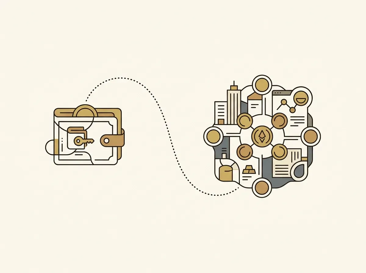 A digital wallet icon connecting to a larger platform, illustrating the first step of connecting to a market.