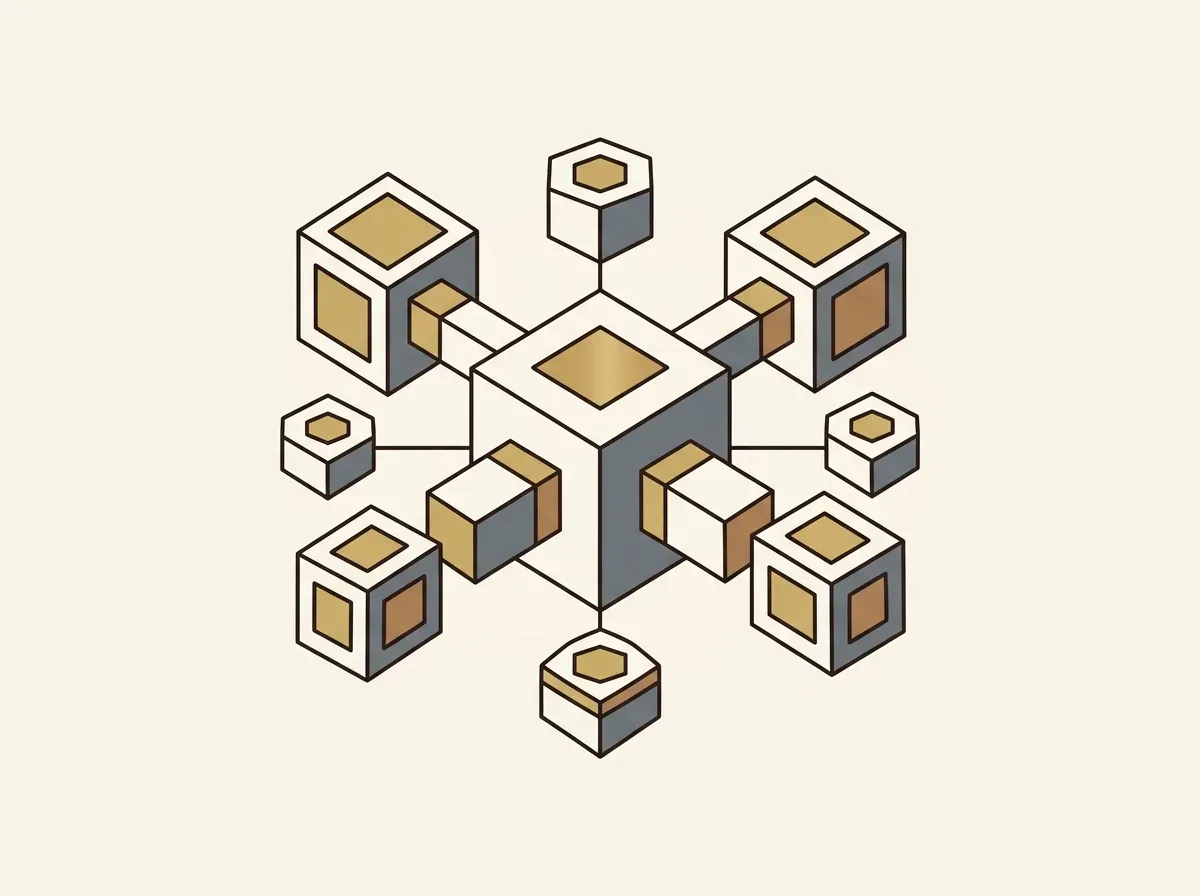 A central block connecting with several other blocks, representing the composability of a tokenized asset.