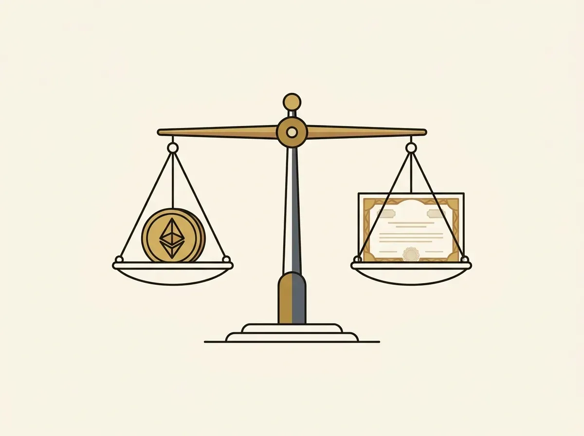 A balanced scale with a token on one side and a stock certificate on the other, symbolizing 1-to-1 backing.