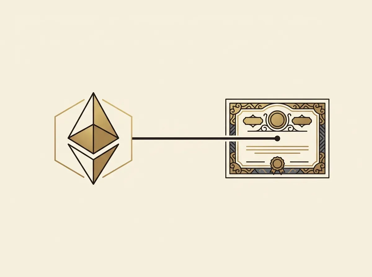 A digital token is shown to be directly backed by a physical stock share, representing tokenization.