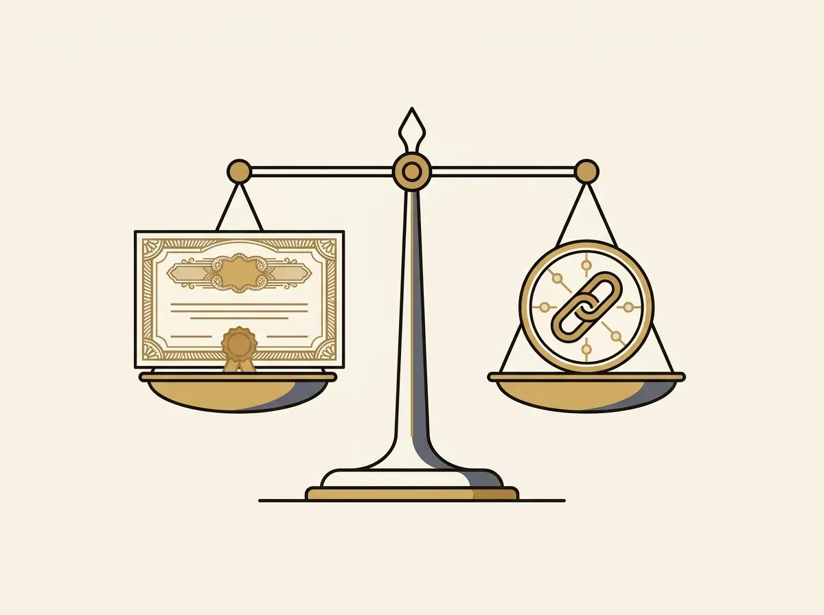 A balance scale weighing a physical stock certificate against a digital token, representing a 1-to-1 backing.
