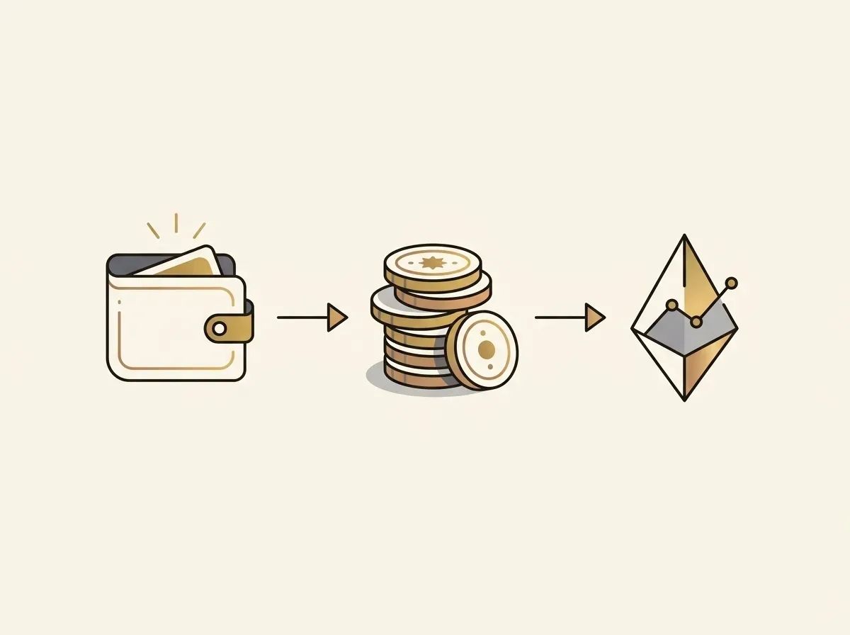 A simple diagram shows a digital wallet, an arrow, a stack of coins, another arrow, and a single tokenized stock icon.