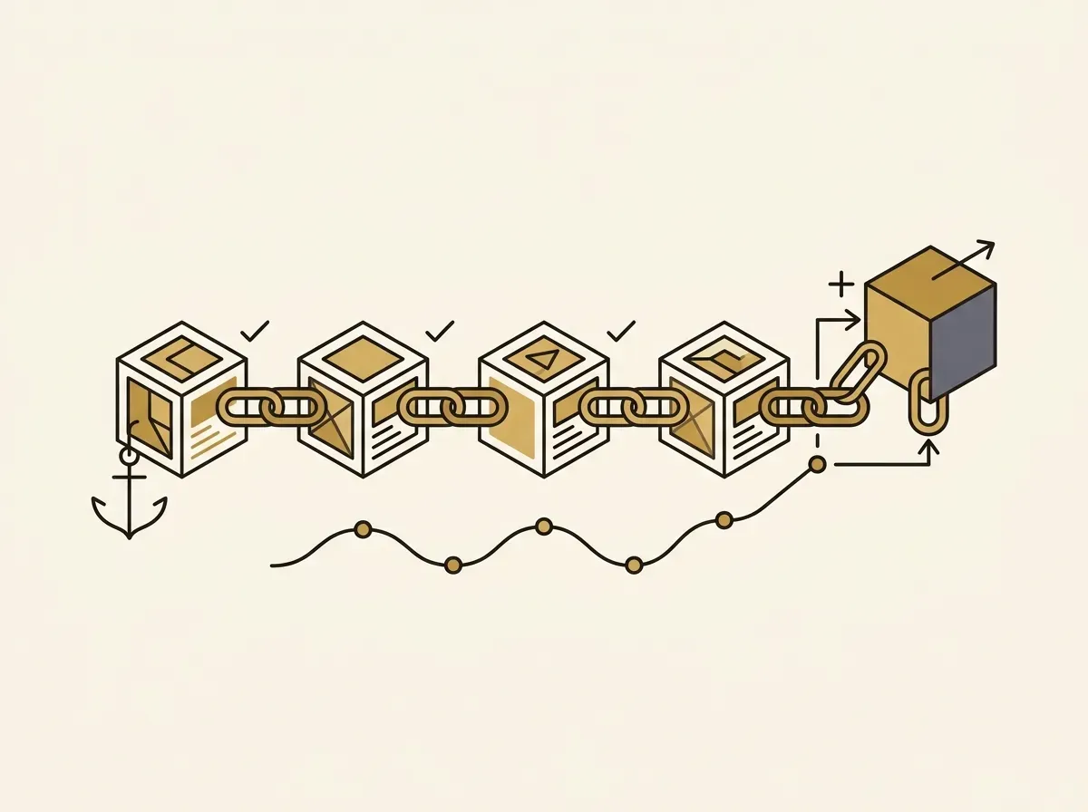 A simple line art illustration of a chain of blocks, with a new block being added to the end.