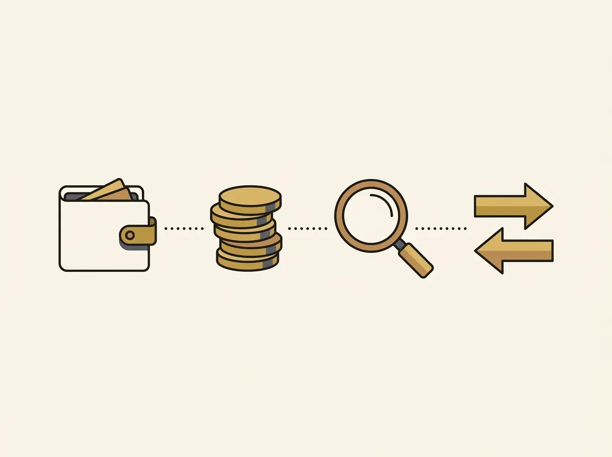A simple diagram showing the process of connecting a wallet, funding it, searching, and then trading for an asset.