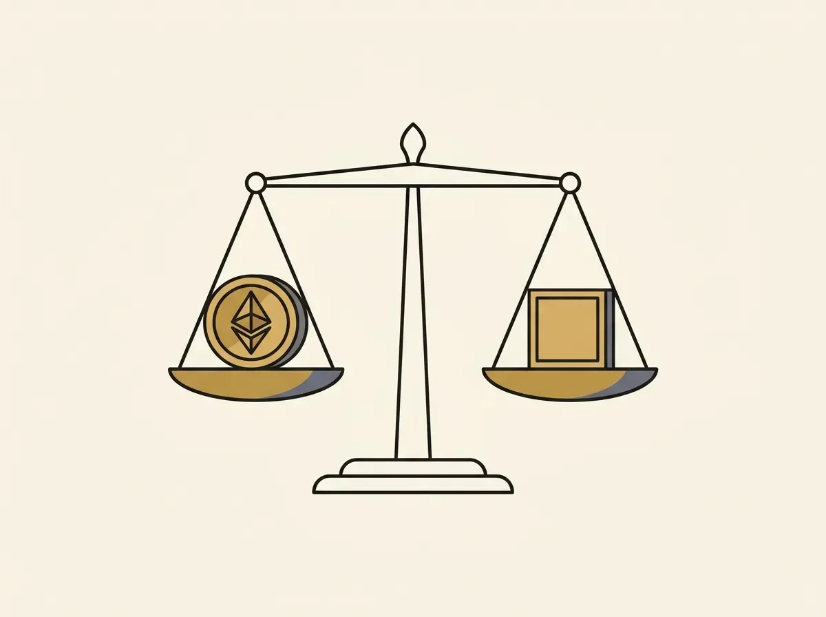 An illustration of a scale balancing a digital token on one side and a physical share on the other, showing 1-to-1 backing.