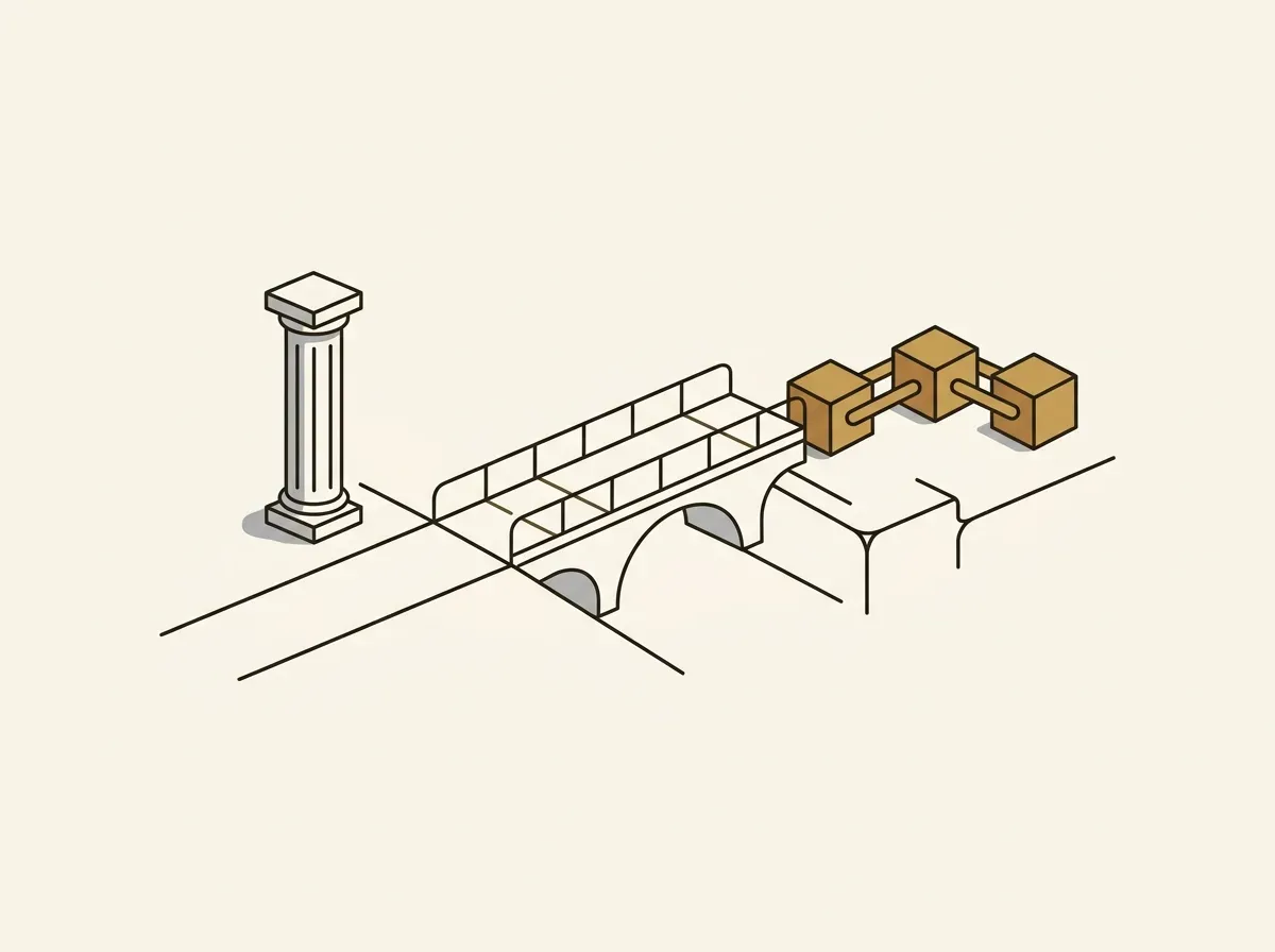An illustration of a bridge connecting a classical pillar to a blockchain, symbolizing tokenization connecting markets.