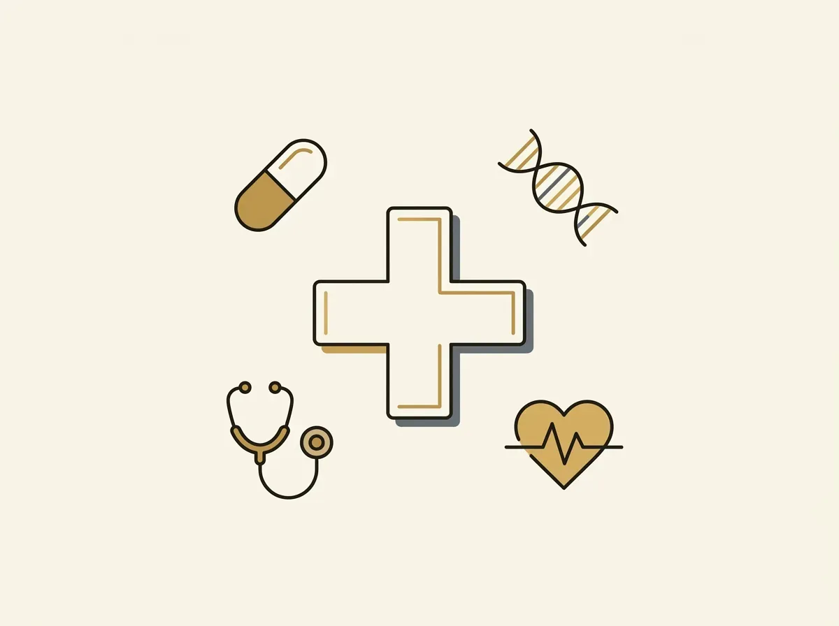 An illustration showing a central plus sign surrounded by icons for pharmaceuticals, biotech, medical devices, and healthcare services.