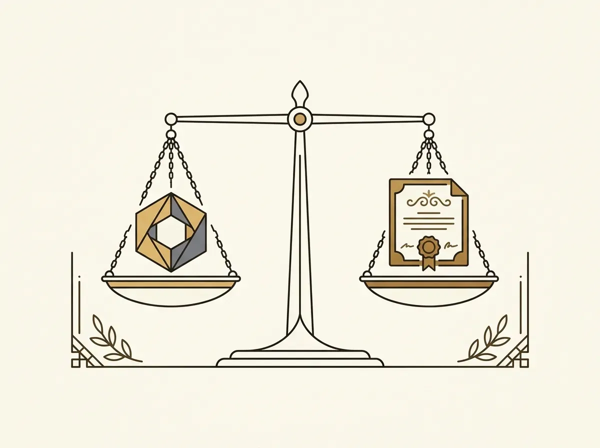 An illustration of a balanced scale, with a digital token on one side and a physical share certificate on the other.