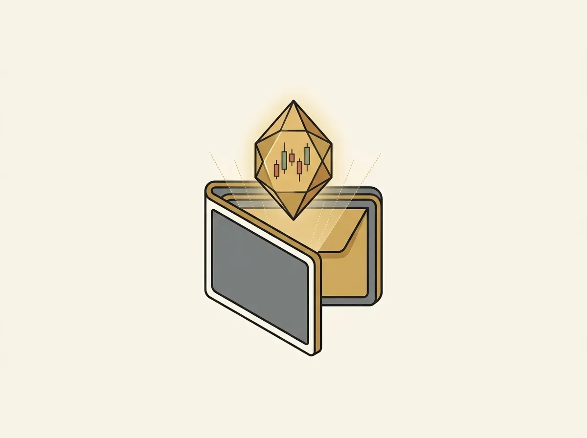 An illustration of a digital wallet holding a token that represents a stock.