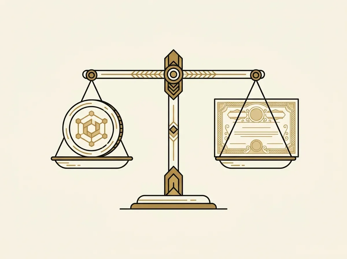 A digital token and a stock certificate are perfectly balanced on a scale, representing 1-to-1 backing.