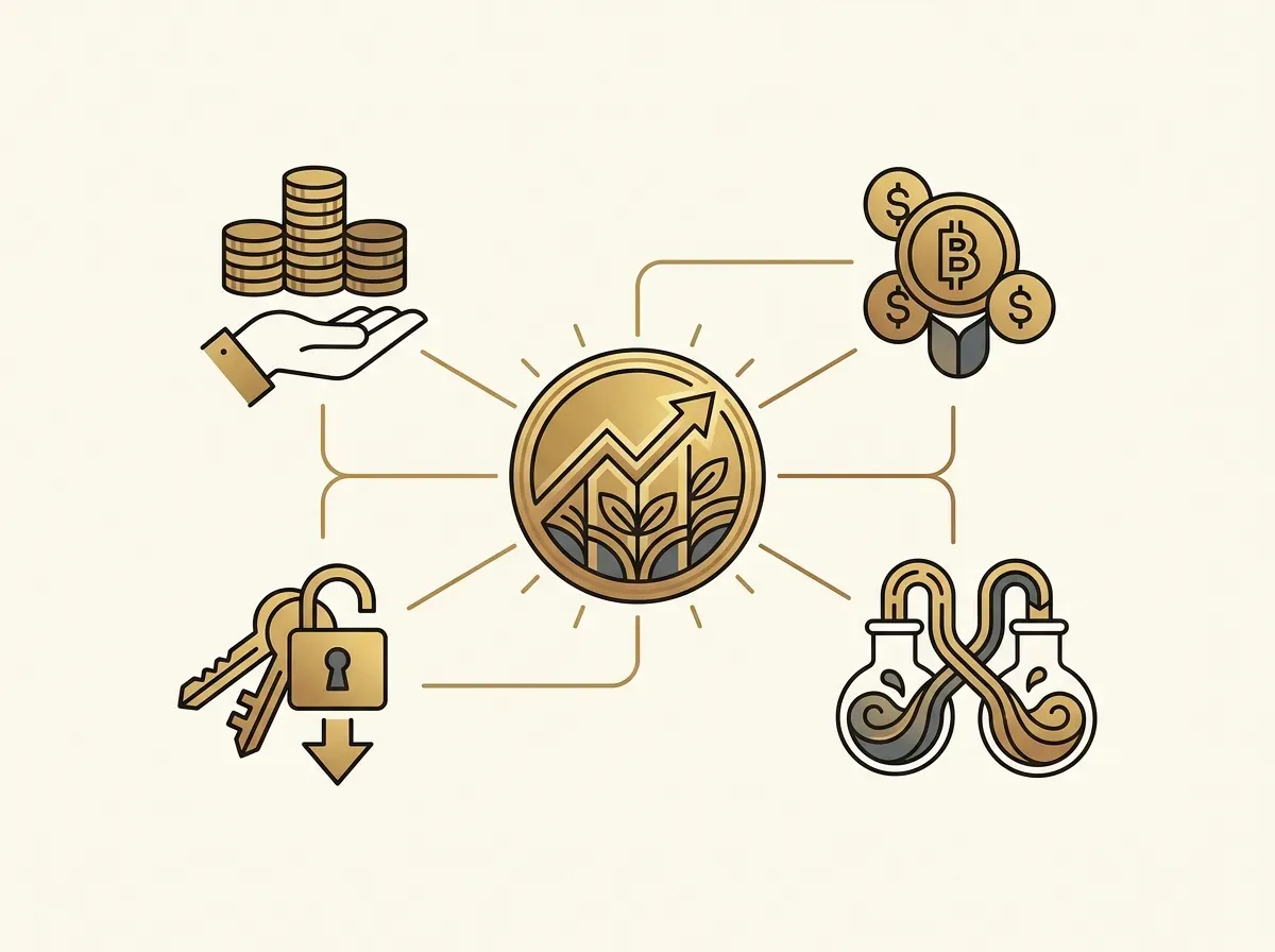 A central stock token connects to icons for lending and liquidity, showing its use in decentralized finance.