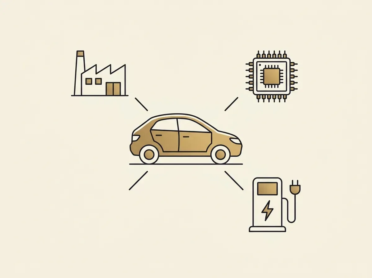 An electric car is surrounded by icons of a factory, a charging station, and a microchip, showing the EV ecosystem.