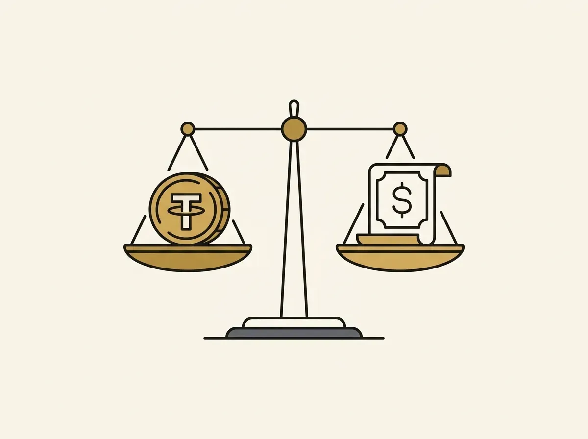 An illustration of a balanced scale holding a digital token on one side and a stock share on the other, representing 1:1 backing.