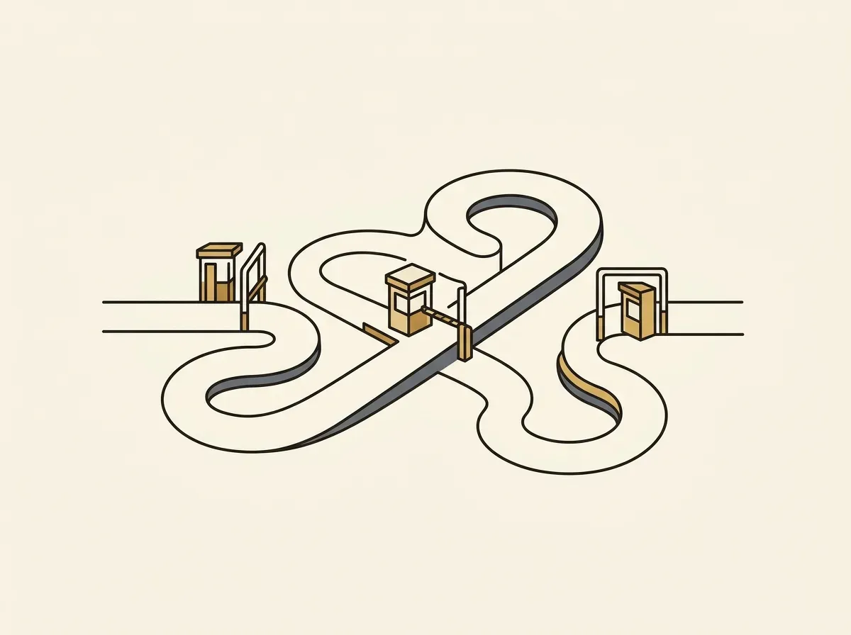 An illustration of a complex, winding path with multiple gates, symbolizing a difficult and expensive process.