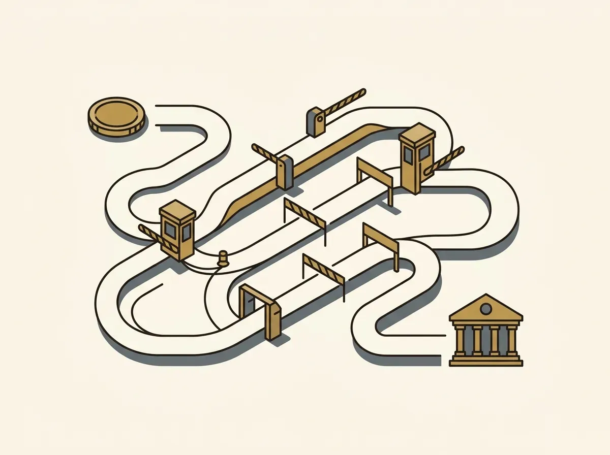 An illustration of a difficult, winding path with many barriers, representing the challenges of traditional international investing.