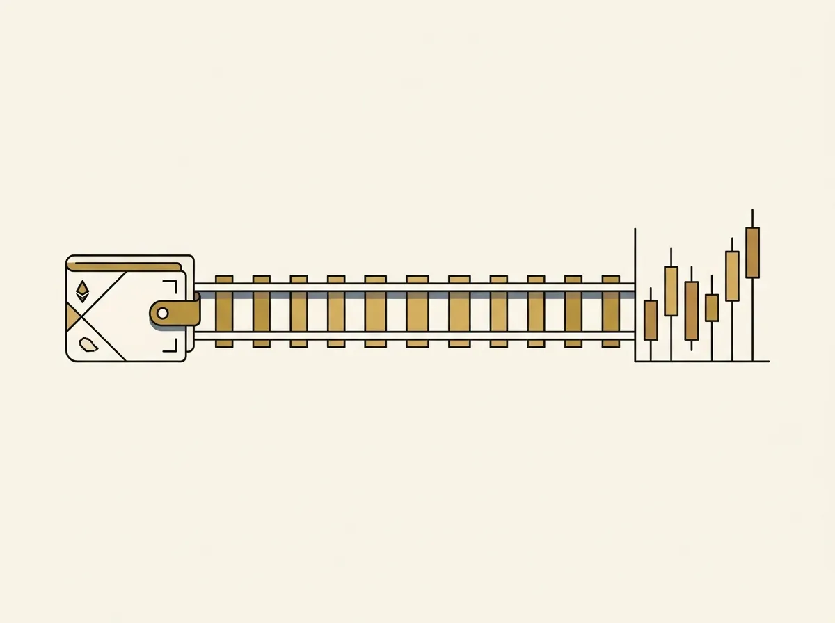 An illustration of a direct, modern railway connecting a digital wallet to a stock chart, symbolizing crypto rails.