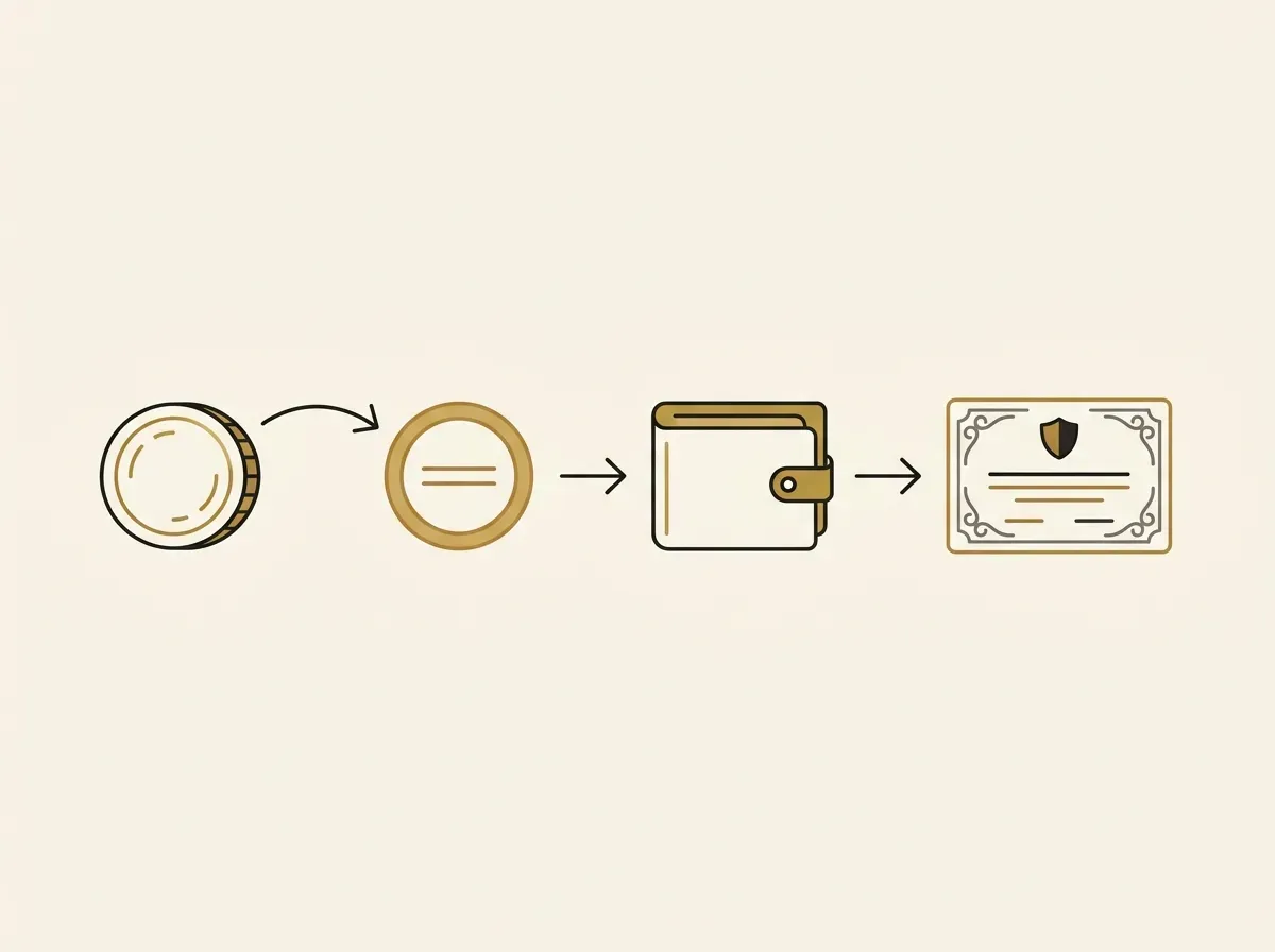 A simple diagram showing the flow from fiat currency to stablecoin, to a digital wallet, and finally to a tokenized stock.