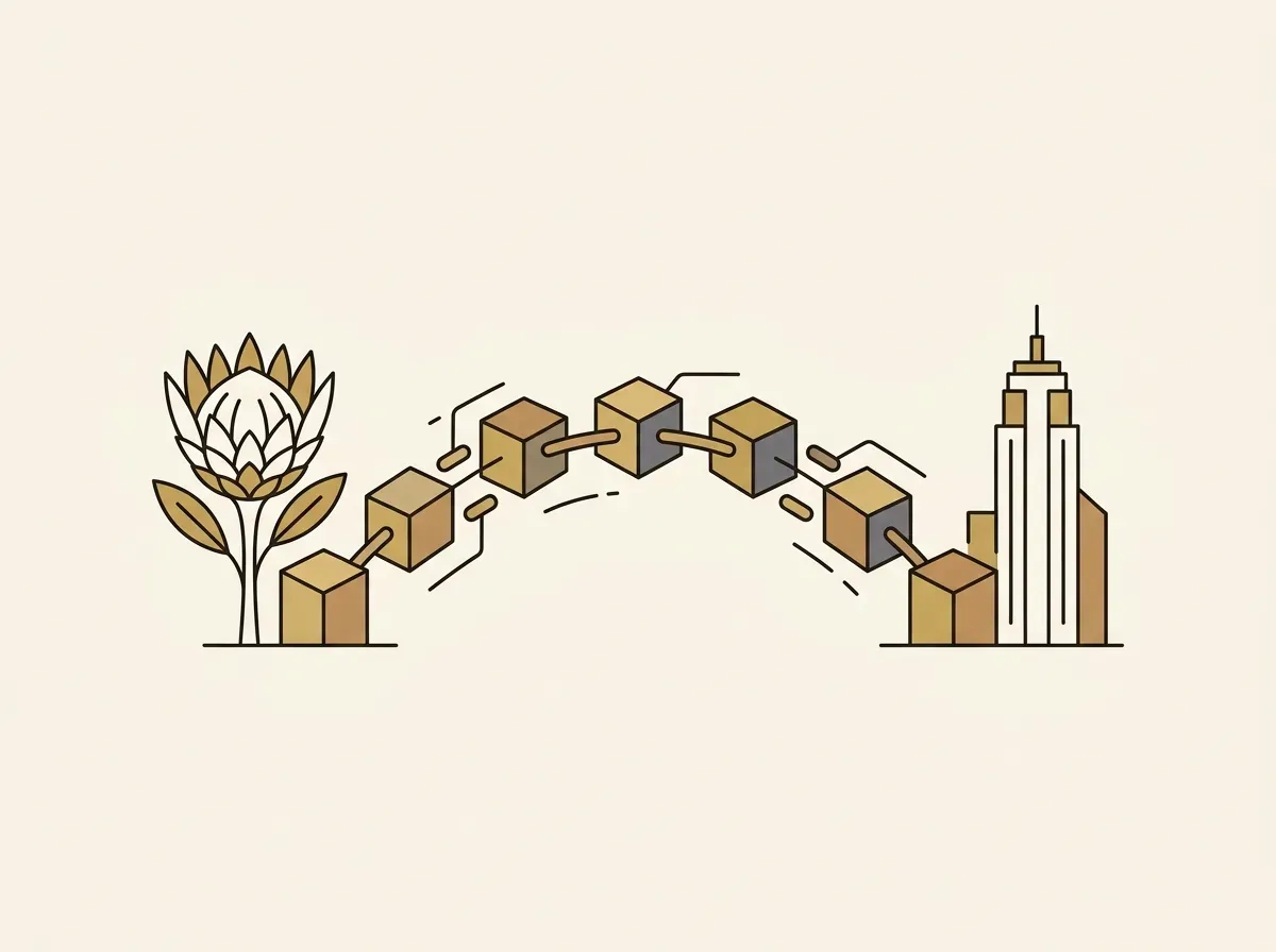 A digital bridge connecting a South African symbol to a US symbol, representing global market access.