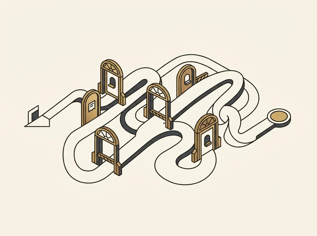An illustration of a winding path with multiple barriers, representing the hurdles of traditional finance.