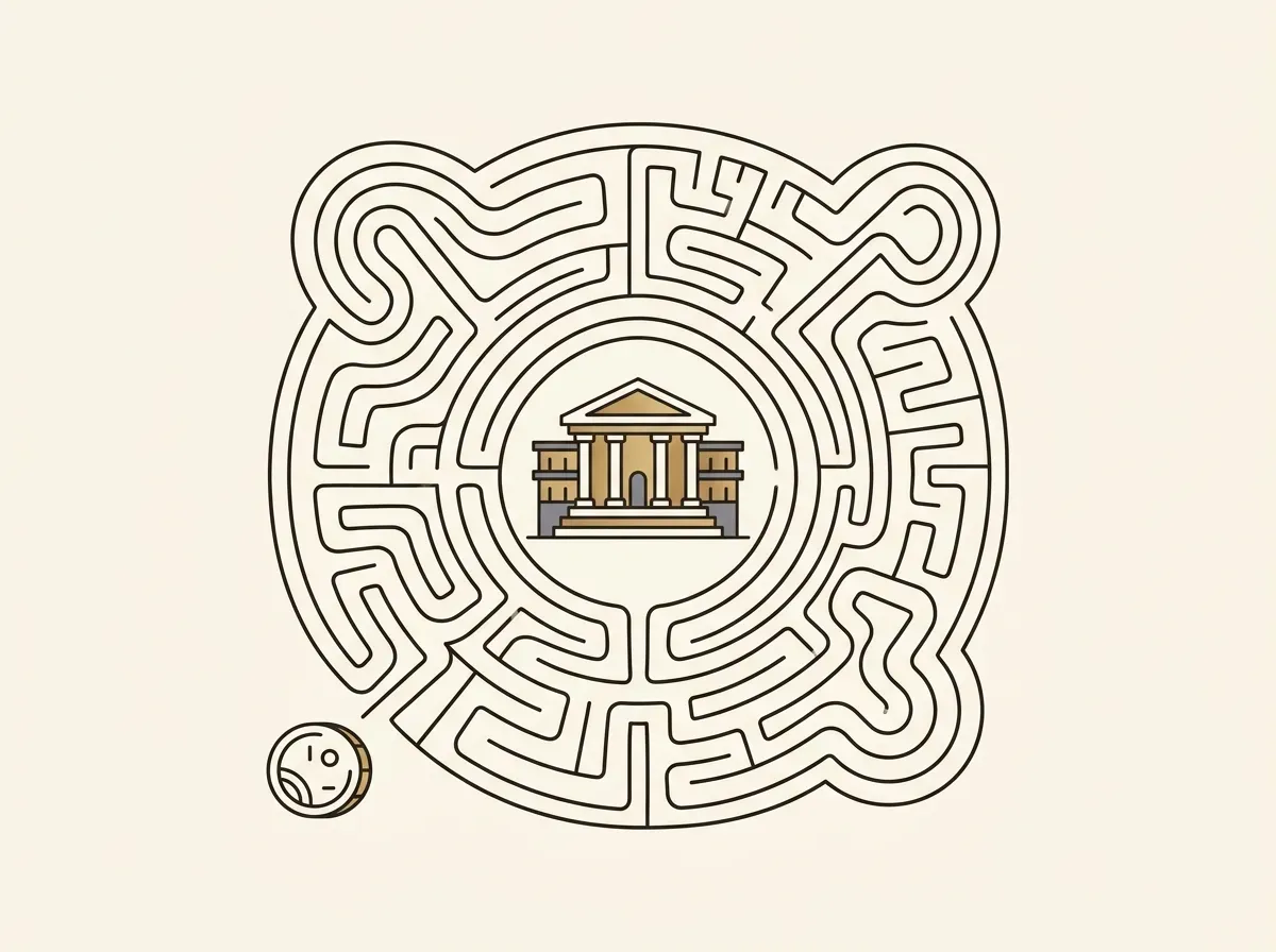 An illustration of a coin at the start of a complicated maze, symbolizing the difficult traditional path to investing.