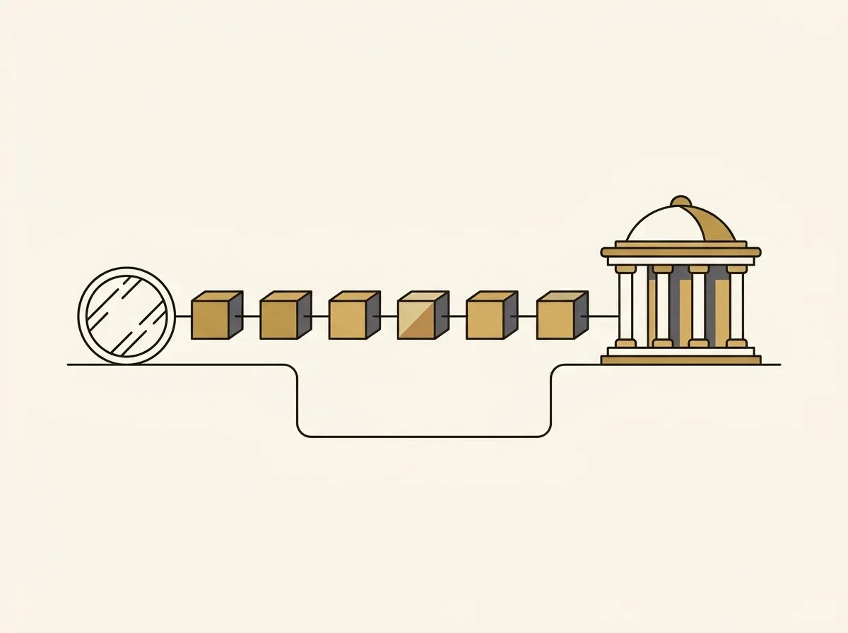 An illustration of a direct bridge made of digital blocks connecting a coin to the stock market, symbolizing an efficient path.