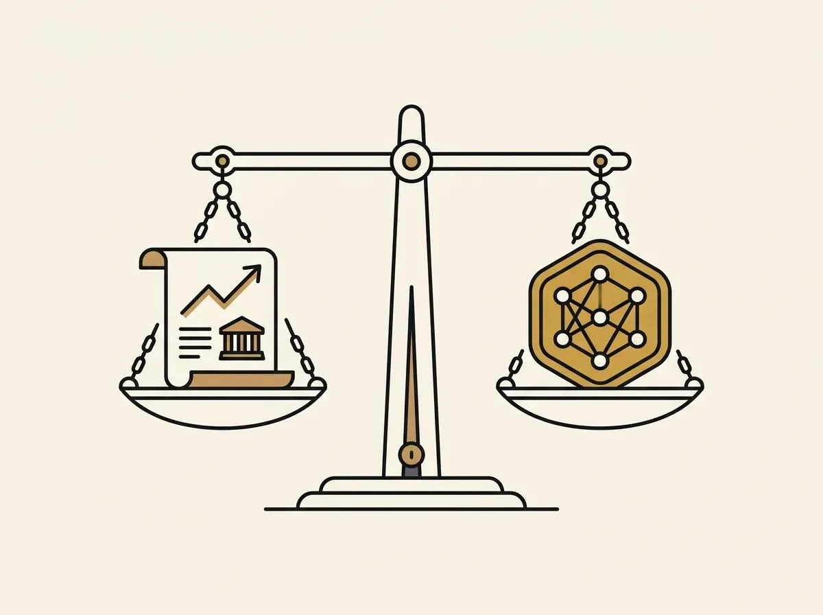 An illustration of a scale balancing a stock share and a digital token, representing the concept of 1-to-1 backing.
