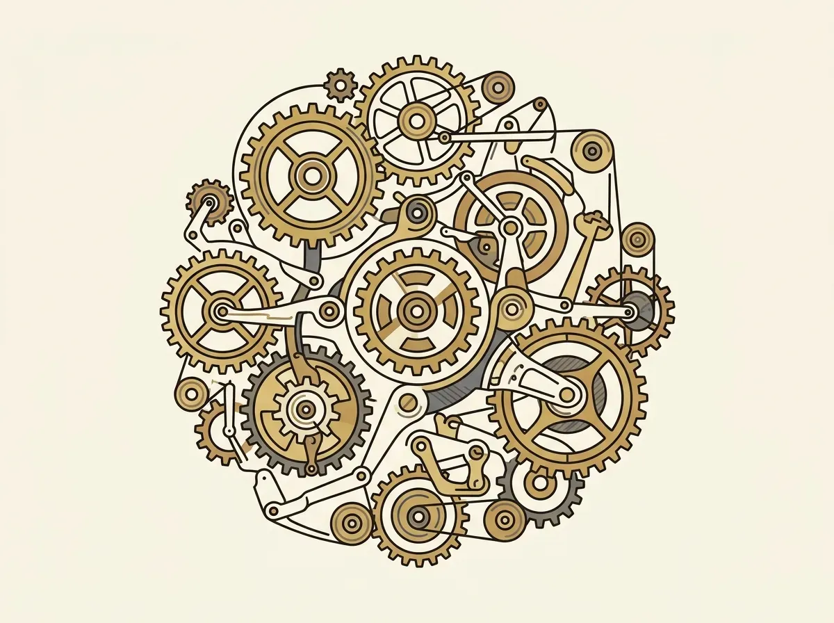 An illustration of a complex machine with many gears, symbolizing the hurdles of traditional international finance.