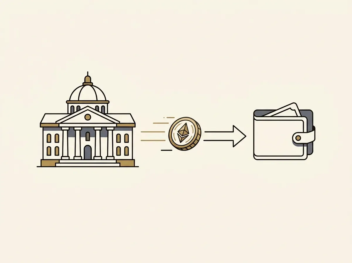 An illustration showing a digital coin moving from a large building to a personal wallet, representing a crypto transfer.