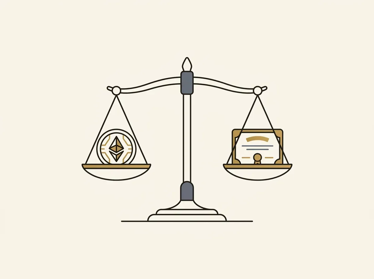 An illustration of a scale balancing a digital token on one side and a stock share on the other, representing 1-to-1 backing.