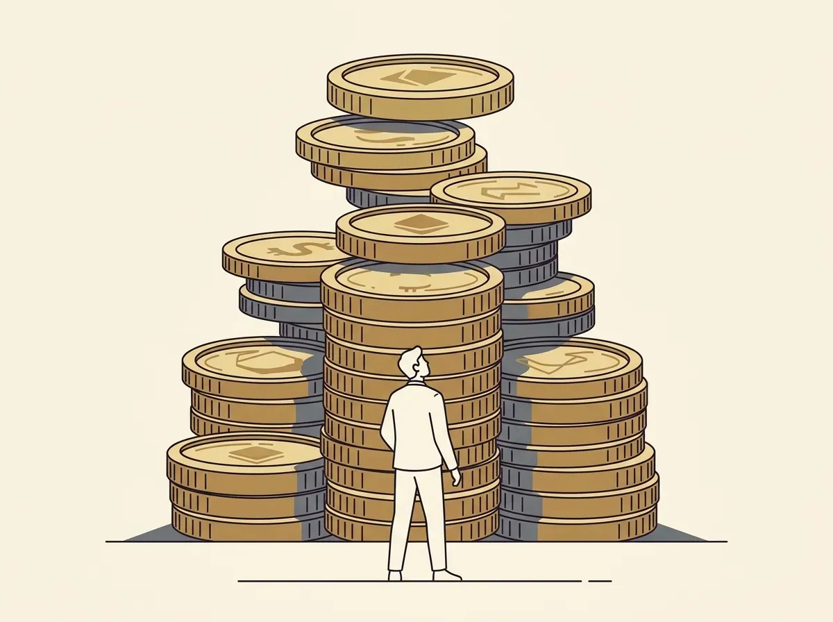 An illustration of a person facing a tall wall made of coins, representing the high cost of traditional investing.