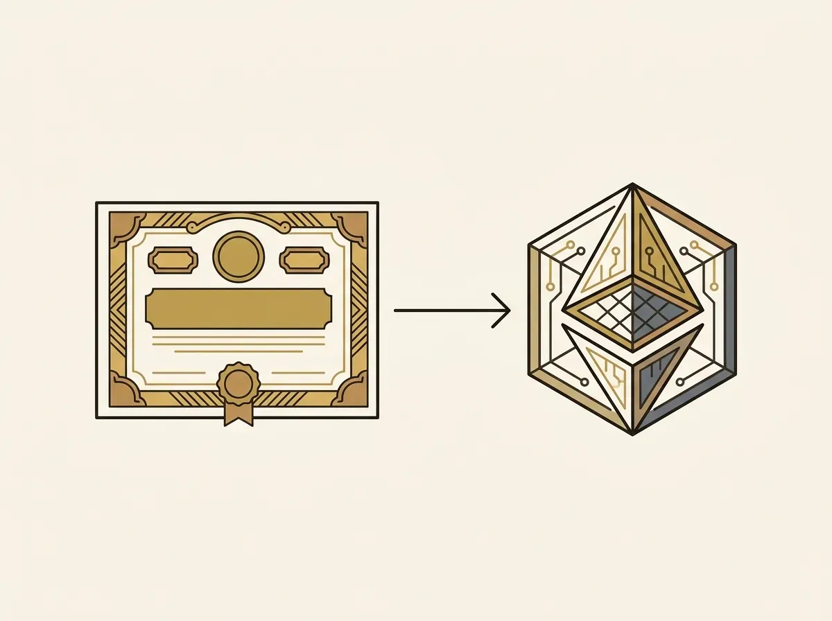 An illustration showing a physical stock certificate being transformed into a digital token, representing tokenization.