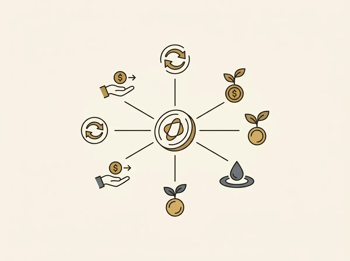 A central token connecting to various financial protocol icons, illustrating DeFi composability and utility.