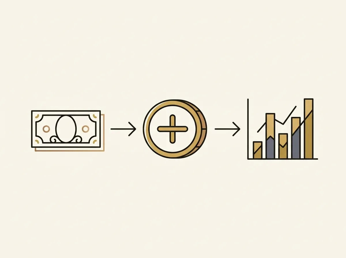 A diagram showing the flow from fiat currency to a stablecoin and then to a stock, illustrating the investment process.