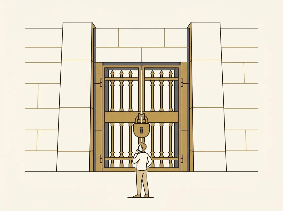 An illustration of a person facing a tall wall with a locked gate, symbolizing financial barriers to entry.