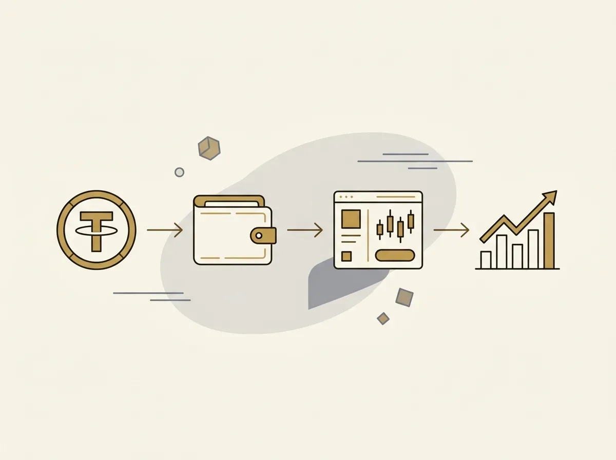 A flowchart showing icons for a coin, a wallet, a trade, and a stock chart, representing the investment process.