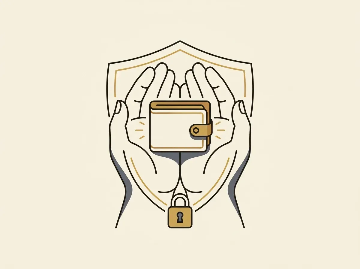 An illustration of hands holding a digital wallet, which is enclosed in a protective shield to represent self-custody.